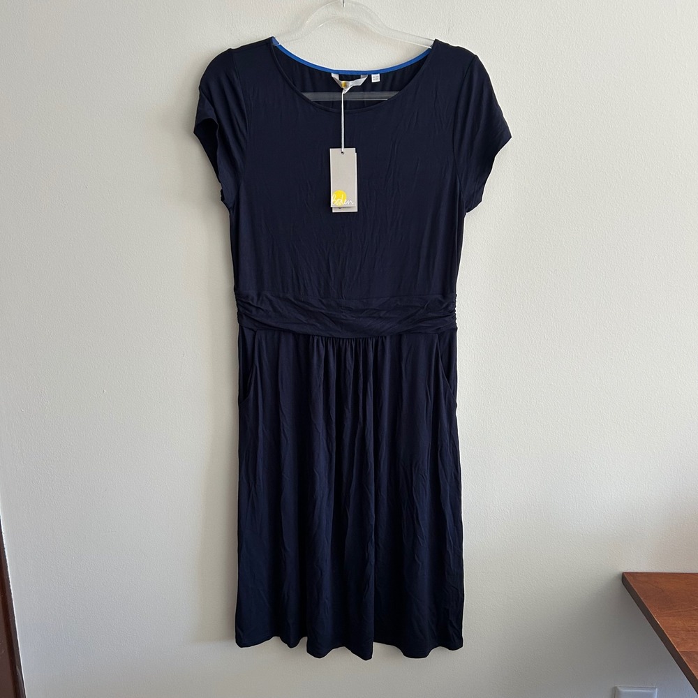 NWT Boden Dress Navy Blue Size US8R Short Sleeve Ruched Waist Jersey Pockets
